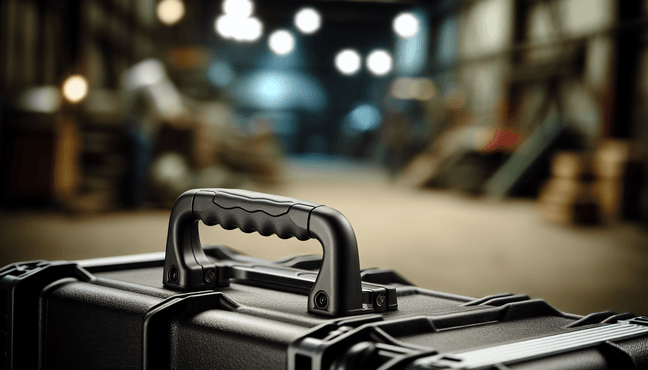 alt_text: A sturdy, ergonomic handle on a rugged flight case in an industrial setting, showcasing durability.