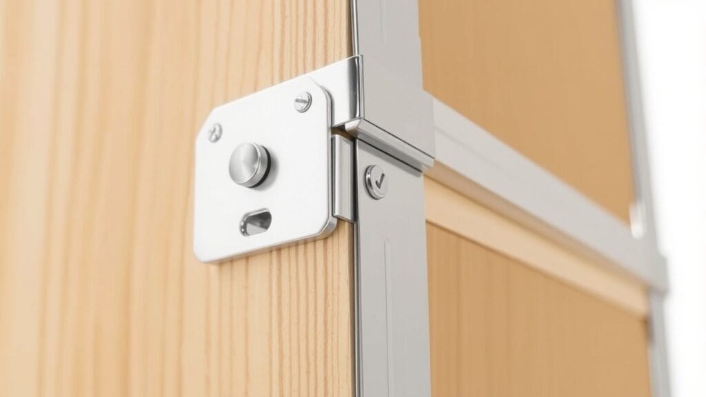 A close-up of a metal corner brace attached to a wooden flight case.